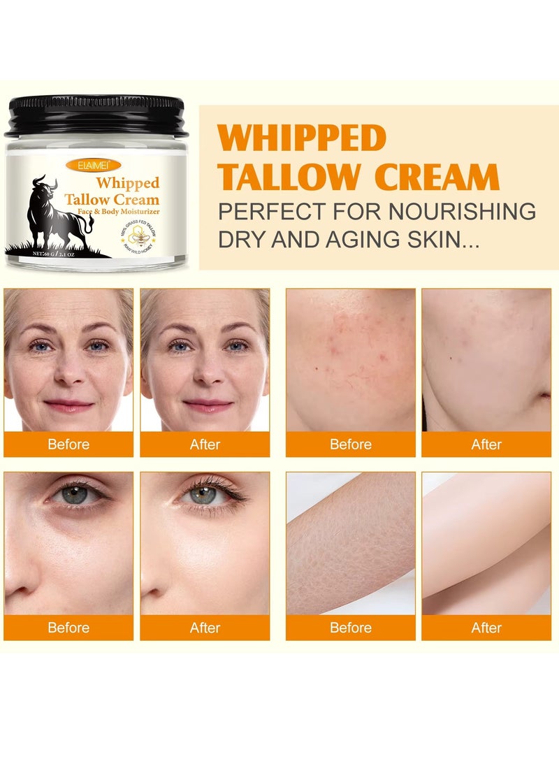 Elaimei - 60g Whipped Tallow Cream Beef Tallow Skin Care Deeply Nourishing Organic Grass Fed Tallow Balm for Face and Body Moisturizing Skin Care Cream Beef Tallow Honey Balm Beeswax Whipped Moisturizer Cream - Image 1