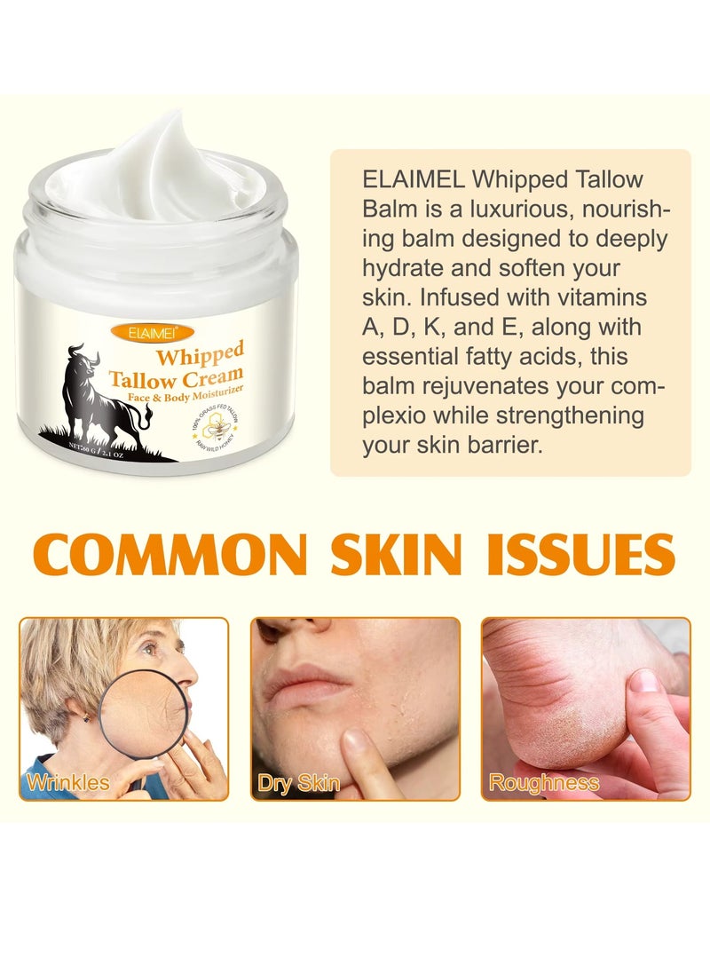 Elaimei - 60g Whipped Tallow Cream Beef Tallow Skin Care Deeply Nourishing Organic Grass Fed Tallow Balm for Face and Body Moisturizing Skin Care Cream Beef Tallow Honey Balm Beeswax Whipped Moisturizer Cream - Image 1