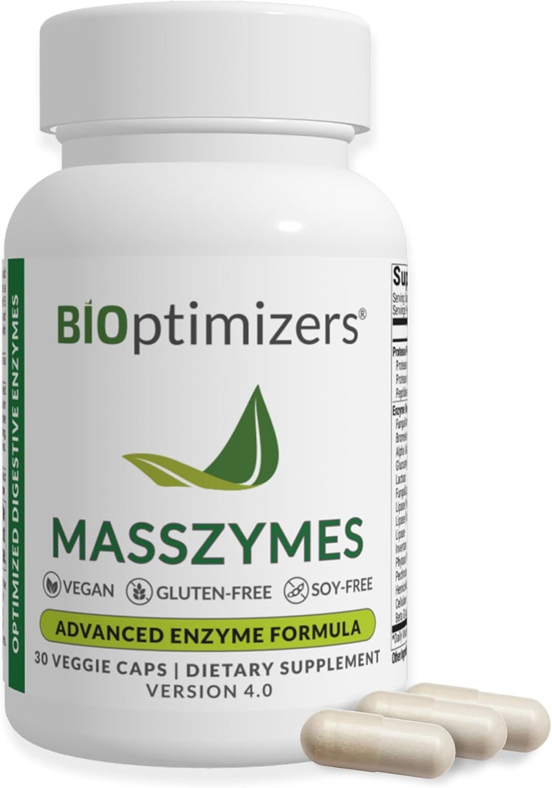 BiOptimizers MassZymes - Complete Digestive Enzymes Supplement for Gut Health - Bloating Relief for Men and Women - Lipase Amylase Bromelain Digestive Enzymes (30 Capsules)