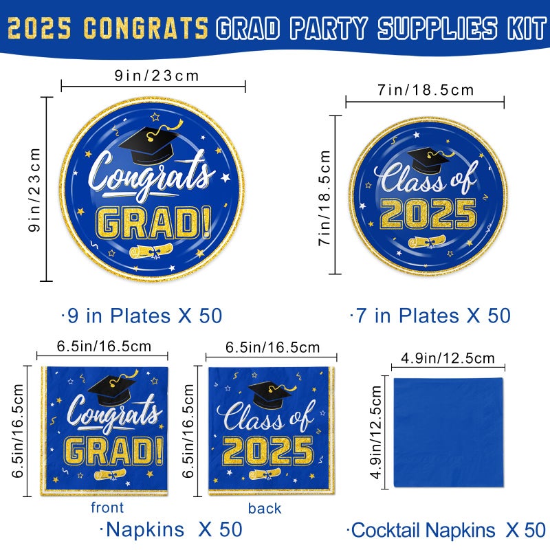 Oigco Graduation Plates and Napkins - Graduation Decorations Class of 2025 - Disposable Paper Plates Cocktail Napkins Luncheon Napkins for Blue and Gold Graduation Party Decorations  Serve 50 - Image 2