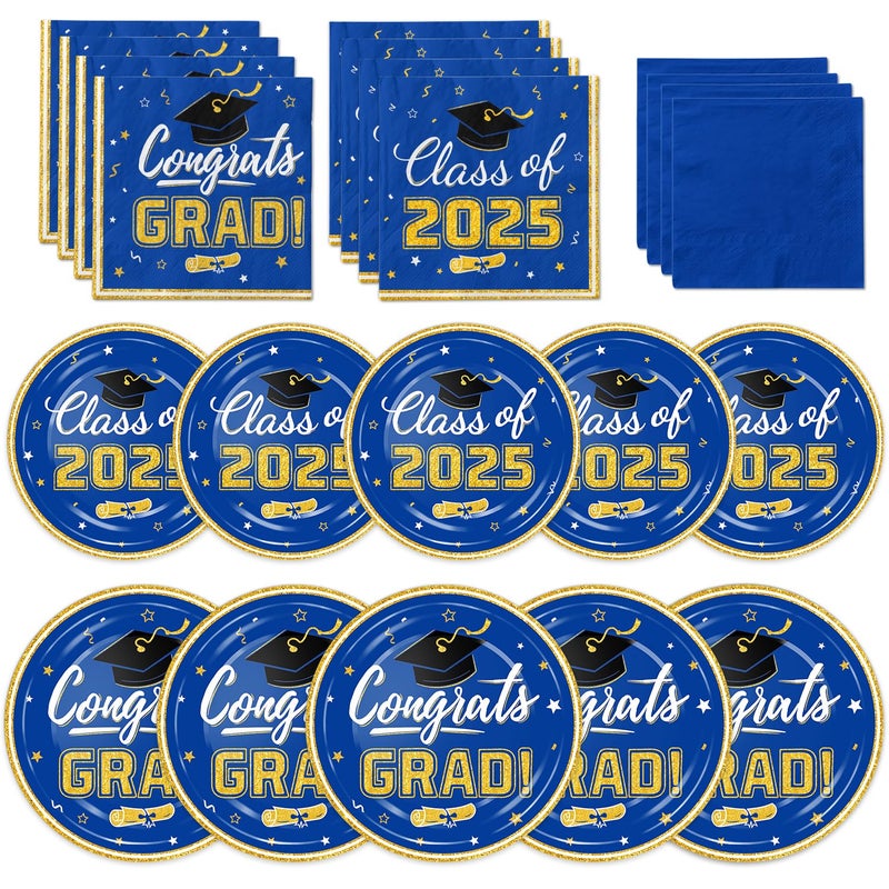 Oigco Graduation Plates and Napkins - Graduation Decorations Class of 2025 - Disposable Paper Plates Cocktail Napkins Luncheon Napkins for Blue and Gold Graduation Party Decorations  Serve 50 - Image 1