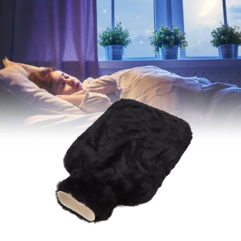 Hot Water Bottle 2/3 Capacity Black Plush Detachable Cover - 6-8 Hours Heat Retention Rubber Water Bag for Discomfort Relief Muscle Soreness Menstrual Cramps - Image 3