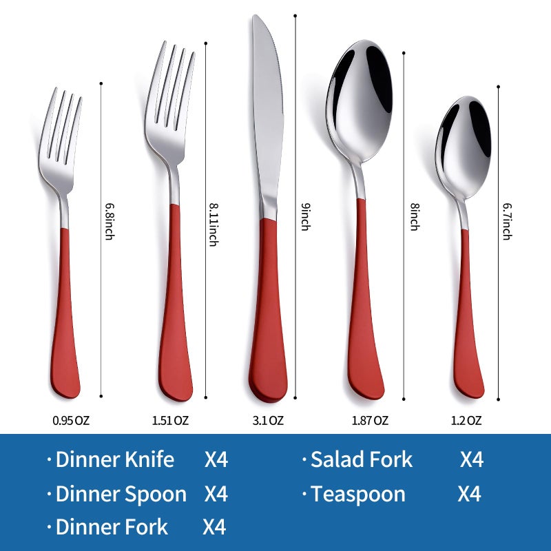 Onlycooker Red Silverware Set 20 Piece 18/0 Stainless Steel Flatware Red Handle Cutlery Set Service for 4 Fork Knife Spoon Set Mirror Finish Dishwasher Safe - Image 2