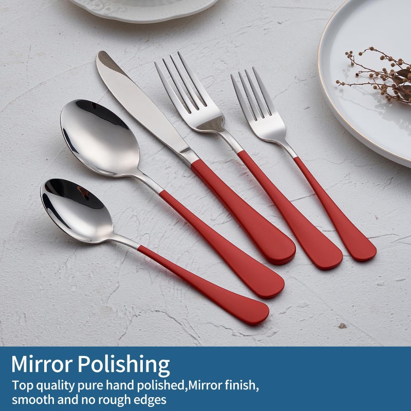 Onlycooker Red Silverware Set 20 Piece 18/0 Stainless Steel Flatware Red Handle Cutlery Set Service for 4 Fork Knife Spoon Set Mirror Finish Dishwasher Safe - Image 3