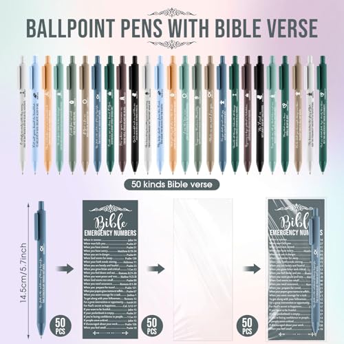 Feifeiya 50 Sets Christian Gifts Bulk Christian Pens Bible Verse Emergency Numbers Bookmarks Religious Church Welcome Gifts for Pastor Grandparent Clergy Sunday School Favor(Boho Color,English) - Image 3