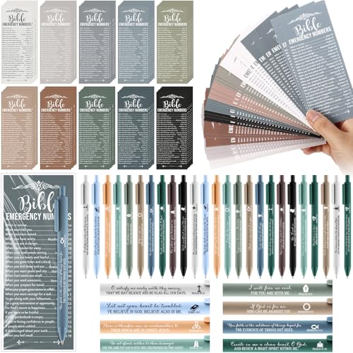 Feifeiya 50 Sets Christian Gifts Bulk Christian Pens Bible Verse Emergency Numbers Bookmarks Religious Church Welcome Gifts for Pastor Grandparent Clergy Sunday School Favor(Boho Color,English) - Image 1