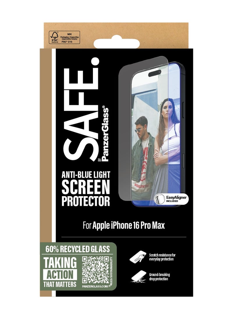 PanzerGlass SAFE by PanzerGlass® Anti-Blue Light Screen Protector for iPhone 16 Pro Max, 60% Recycled Glass, Smudge-Free Coating - with mounting aid for easy installation, Tempered Glass Screen Protector For iPhone 16  - Image 3