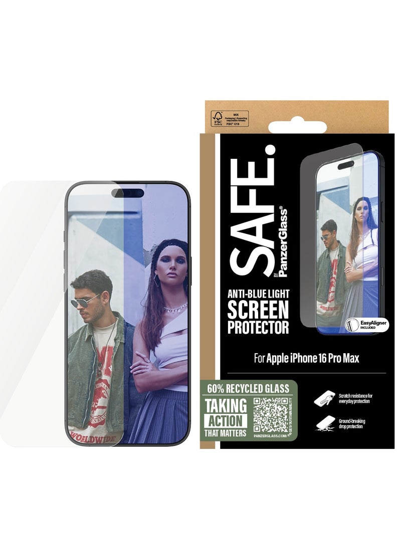 PanzerGlass SAFE by PanzerGlass® Anti-Blue Light Screen Protector for iPhone 16 Pro Max, 60% Recycled Glass, Smudge-Free Coating - with mounting aid for easy installation, Tempered Glass Screen Protector For iPhone 16  - Image 1