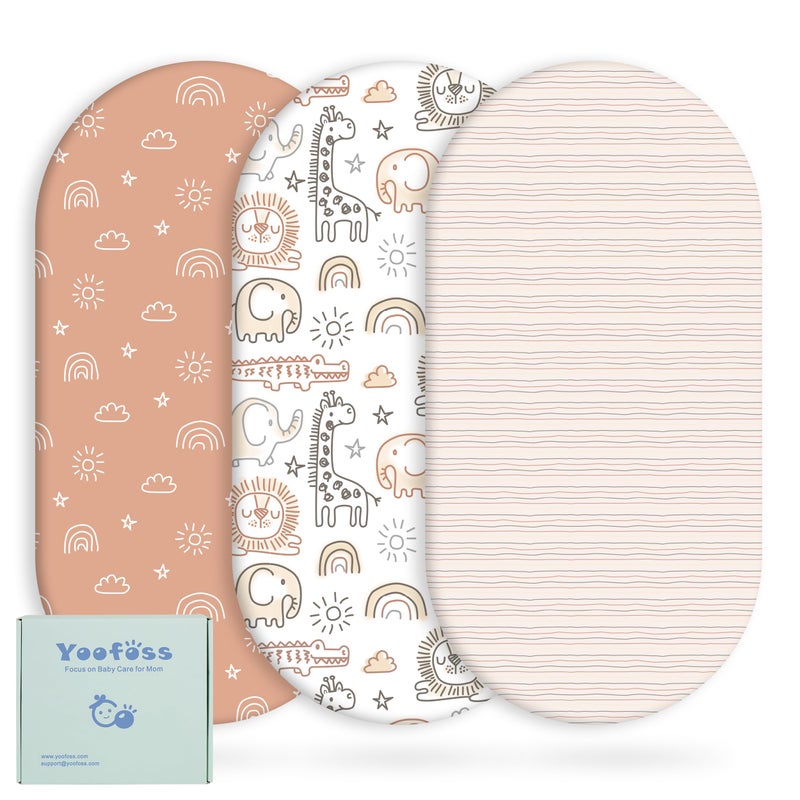 Yoofoss Bassinet Sheets for Baby3Pack Fitted Bassinet Sheets Set Compatible with Halo Bassinest Swivel SleeperBaby DelightAngelblissSoft Breathable Bassinet Mattress Sheets BrownAnimals - Image 3