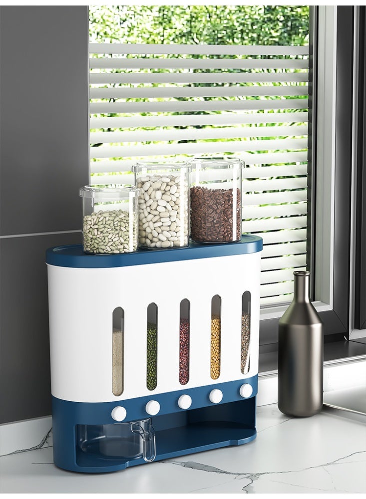 5-Grid Cereal Dispenser, Blue & White Kitchen Grain Storage Container with Airtight Lids for Rice Beans Oats - Image 2