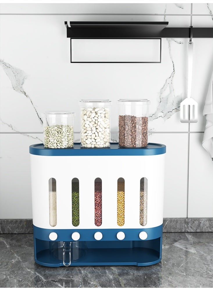 5-Grid Cereal Dispenser, Blue & White Kitchen Grain Storage Container with Airtight Lids for Rice Beans Oats - Image 1