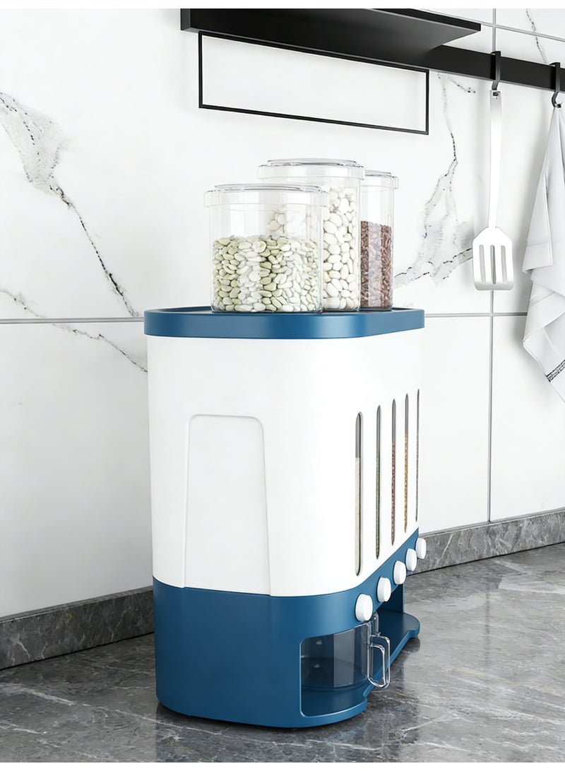 5-Grid Cereal Dispenser, Blue & White Kitchen Grain Storage Container with Airtight Lids for Rice Beans Oats - Image 4