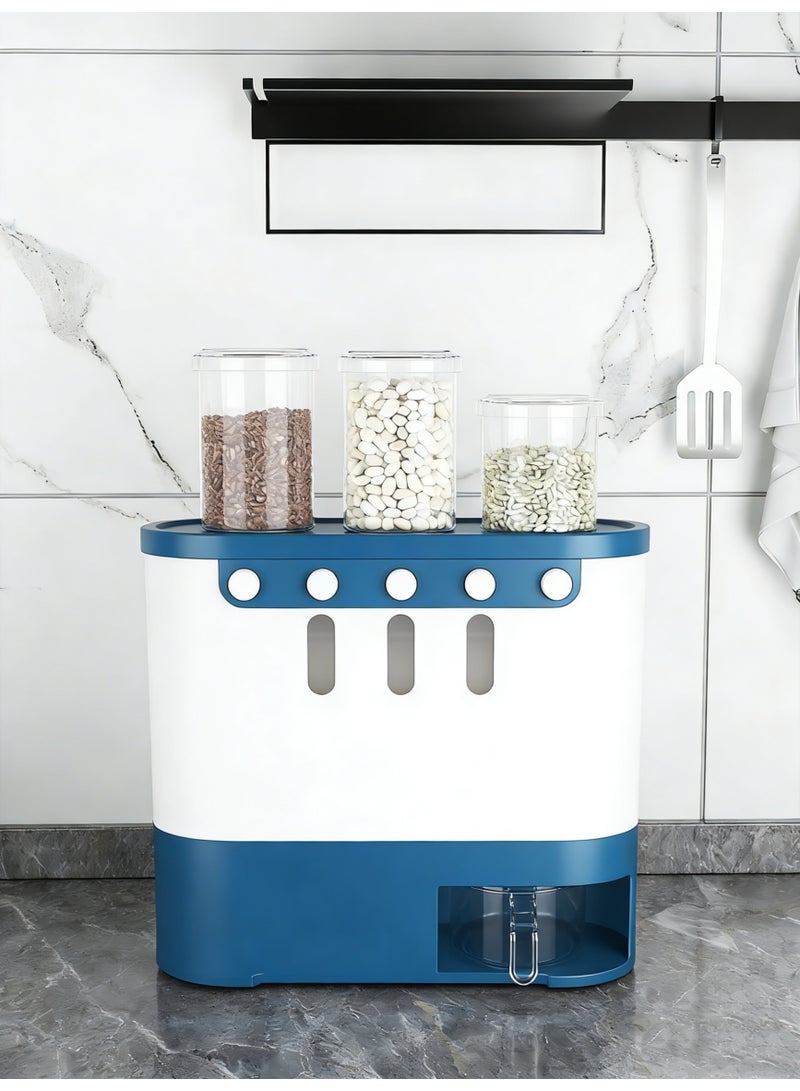 5-Grid Cereal Dispenser, Blue & White Kitchen Grain Storage Container with Airtight Lids for Rice Beans Oats - Image 3