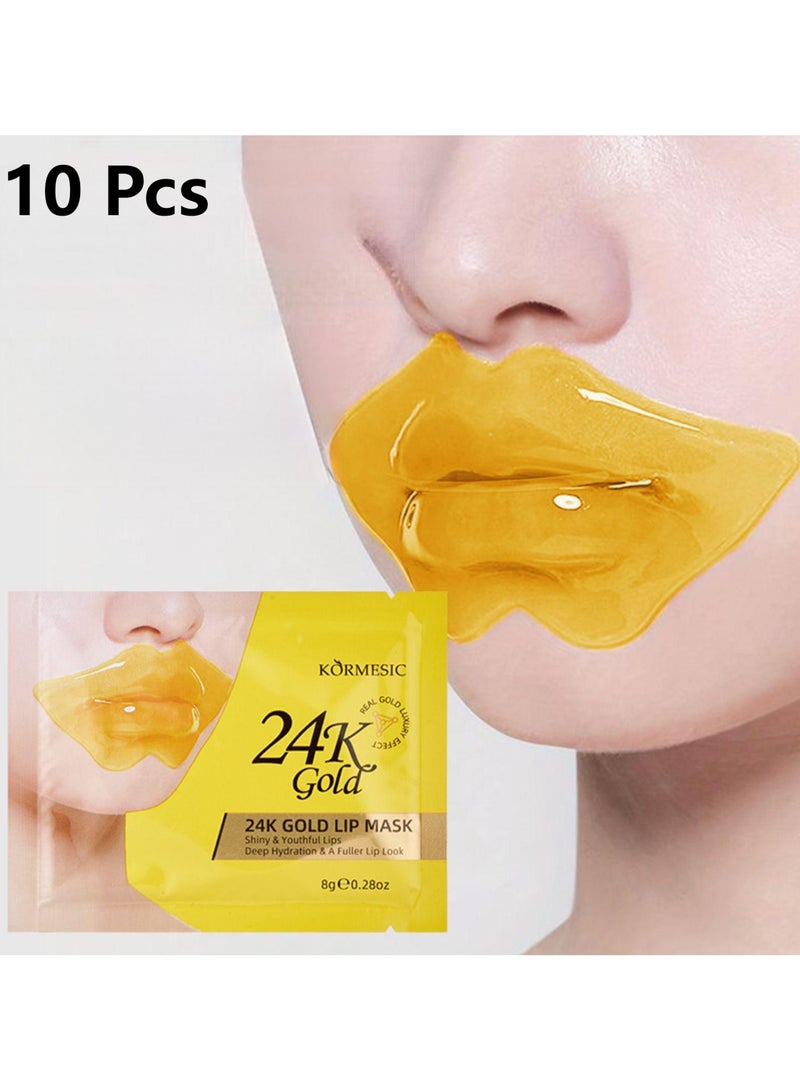 Kormesic 10 قطع من أقنعة الشفاه الذهبية عيار 24 قيراطًا، قناع مرطب وممتلئ للشفاه، وسادات جل للعناية بالشفاه، تزيل الجلد الميت، وتمنع التشقق والشيخوخة. - Image 1