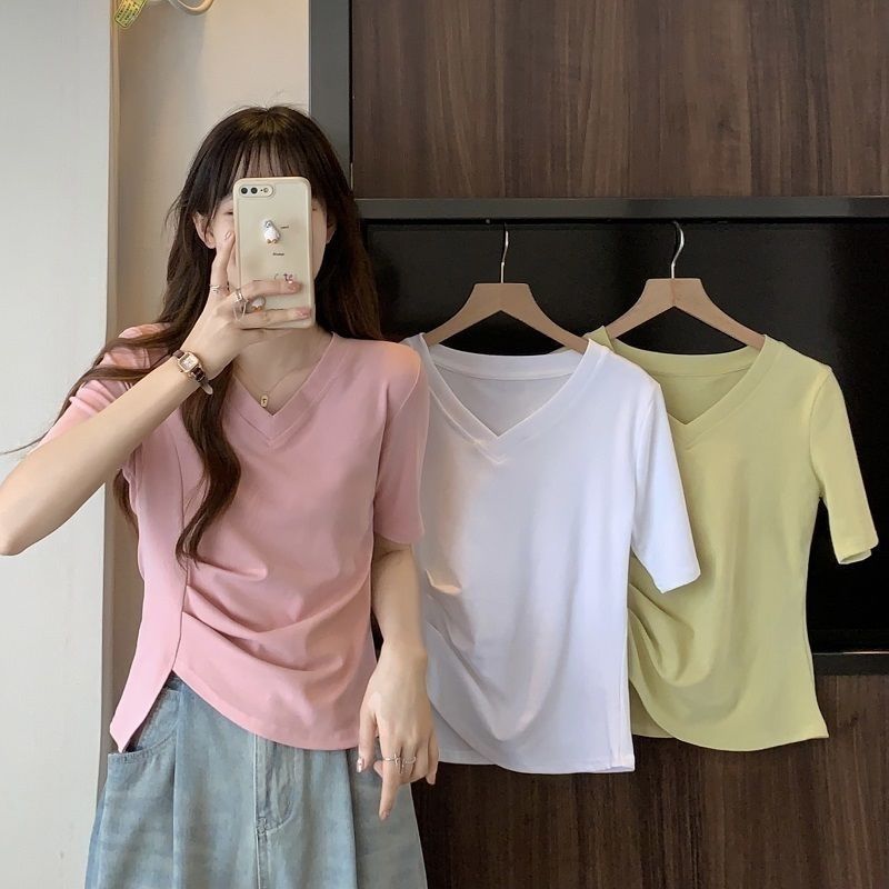 2024 Summer Korean Style New Slim-Fit All-Match Slimming Pleated Design Sense Small V-Neck Top Short-Sleeved T-Shirt For Women - Image 4