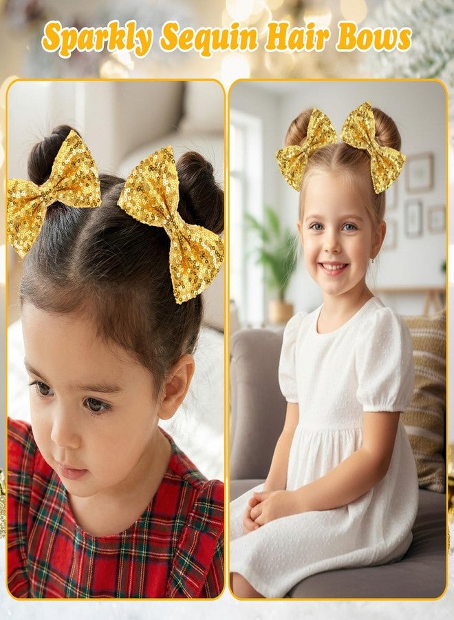 MBAIYO 3Pcs Hair Bows for Girls, Gold Sparkly Glitter Hair Bows for Girls with Metal Clips Sequin Hair Accessories for Women on Birthday Wedding Christmas Party(Gold) - Image 3