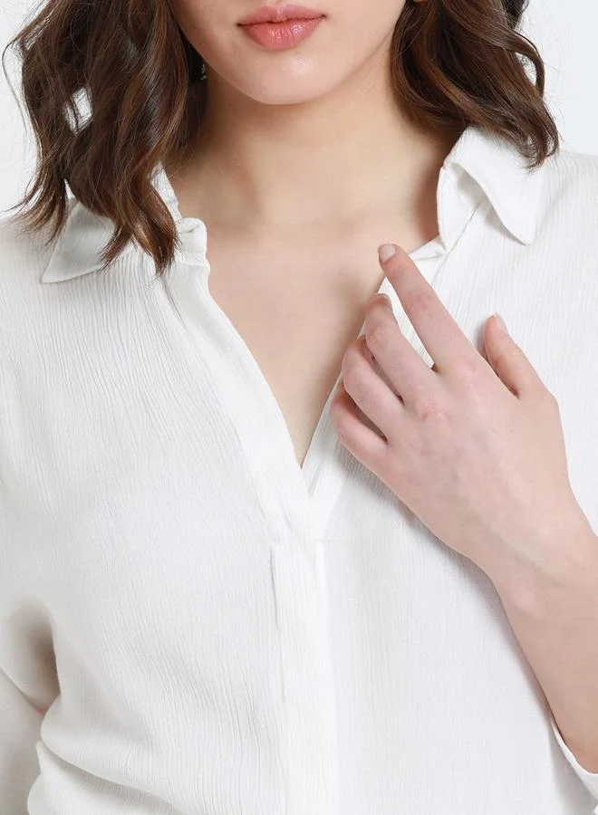 Dennis Lingo White Relaxed Fit Shirt for Women - Viscose Crepe, Full Sleeves, Shirt Collar, Solid, Casual,