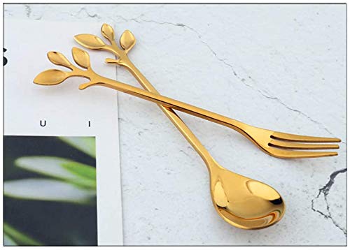 Litvibes Stainless Steel Creative Tableware Leaf Dessert Spoon ForkCoffeeSugarMixingTeaStirringCake Icecream Spoon ForkStir Bar Gold Set Set of 1 Leaf Spoon 1 Leaf Fork Gold - Image 2