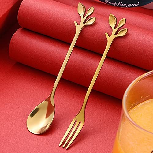 Litvibes Stainless Steel Creative Tableware Leaf Dessert Spoon ForkCoffeeSugarMixingTeaStirringCake Icecream Spoon ForkStir Bar Gold Set Set of 1 Leaf Spoon 1 Leaf Fork Gold - Image 4