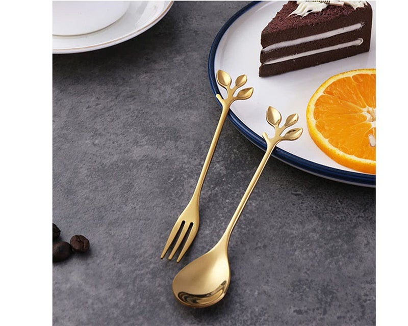 Litvibes Stainless Steel Creative Tableware Leaf Dessert Spoon ForkCoffeeSugarMixingTeaStirringCake Icecream Spoon ForkStir Bar Gold Set Set of 1 Leaf Spoon 1 Leaf Fork Gold - Image 3