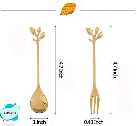 Litvibes Stainless Steel Creative Tableware Leaf Dessert Spoon ForkCoffeeSugarMixingTeaStirringCake Icecream Spoon ForkStir Bar Gold Set Set of 1 Leaf Spoon 1 Leaf Fork Gold - Image 5