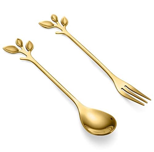 Litvibes Stainless Steel Creative Tableware Leaf Dessert Spoon ForkCoffeeSugarMixingTeaStirringCake Icecream Spoon ForkStir Bar Gold Set Set of 1 Leaf Spoon 1 Leaf Fork Gold - Image 1
