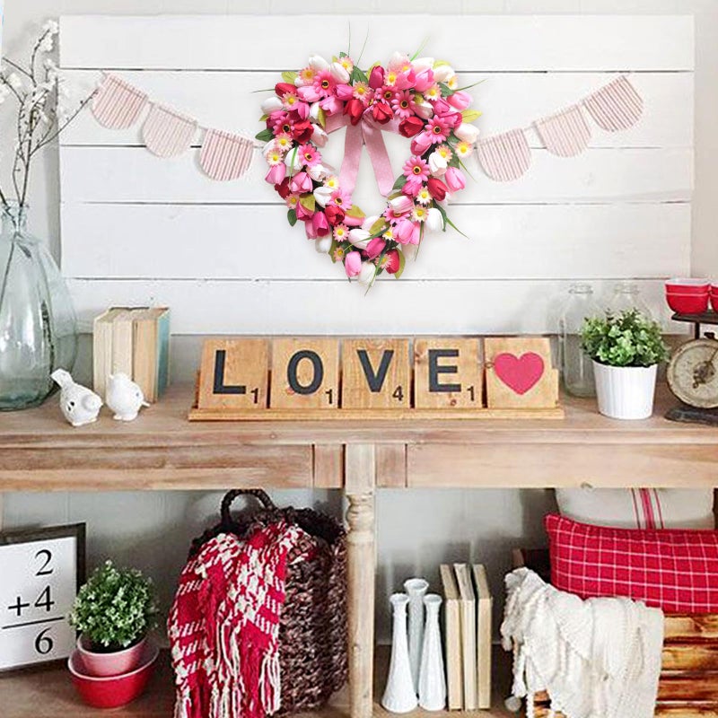 Bibelot Valentine's Day Heart Shaped Tulip Wreath, 20 Inch Pink White Tulip Floral Wreath for Front Door, Artificial Flower Heart Wreaths for Wedding Anniversary Festival Decorations - Image 2