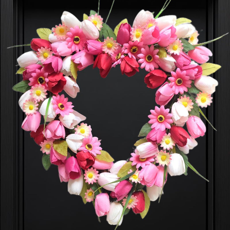 Bibelot Valentine's Day Heart Shaped Tulip Wreath, 20 Inch Pink White Tulip Floral Wreath for Front Door, Artificial Flower Heart Wreaths for Wedding Anniversary Festival Decorations - Image 1