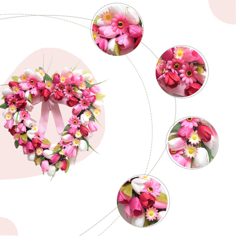 Bibelot Valentine's Day Heart Shaped Tulip Wreath, 20 Inch Pink White Tulip Floral Wreath for Front Door, Artificial Flower Heart Wreaths for Wedding Anniversary Festival Decorations - Image 4