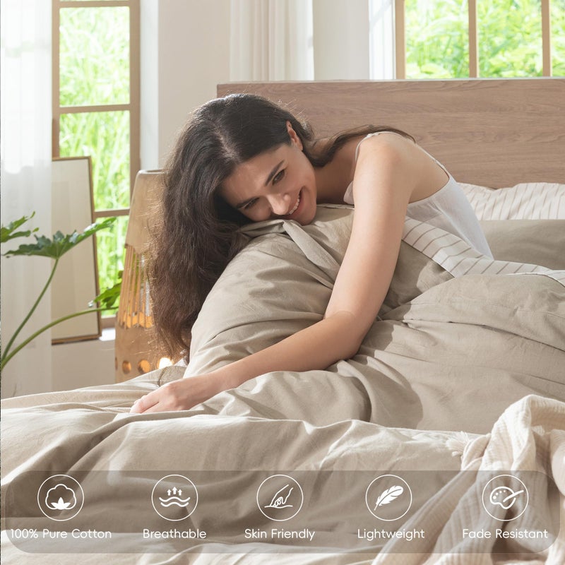MooMee Bedding Duvet Cover Set 100% Washed Cotton Linen Like Textured Breathable Durable Soft Comfy (Heathered Tannish Linen Grey, Oversized Queen 98"x98") - Image 4