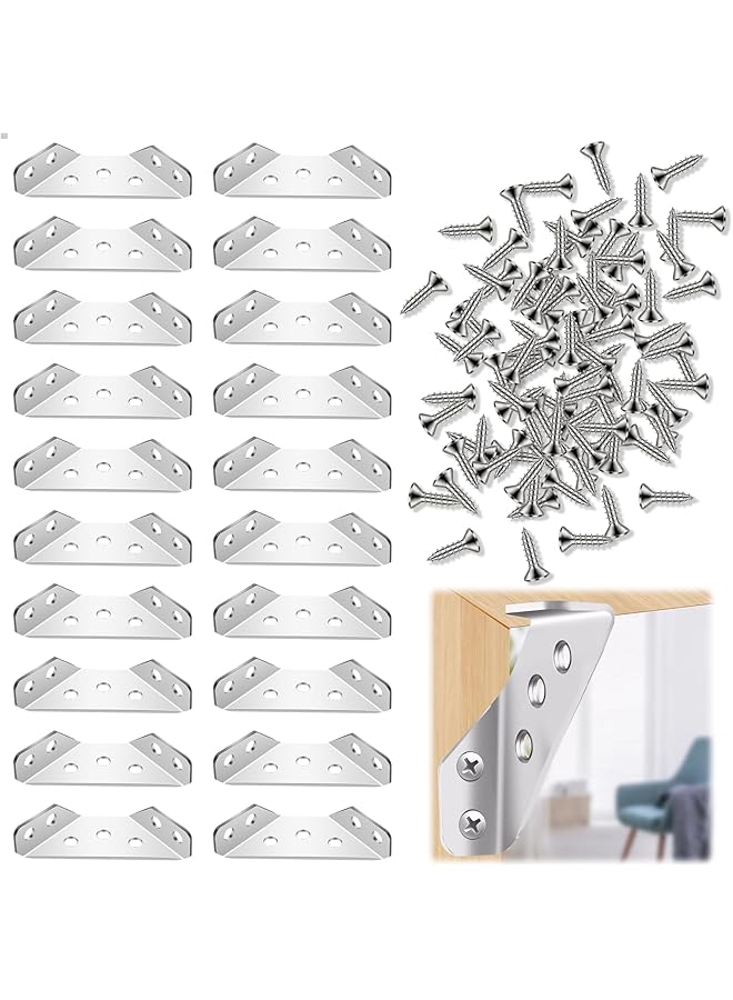PROMASS promass Angle Brackets, 20pcs Stainless Steel Furniture Corner Connector, Corner Braces for Wood with Screws for Cabinet, Table, Chair  - Image 1