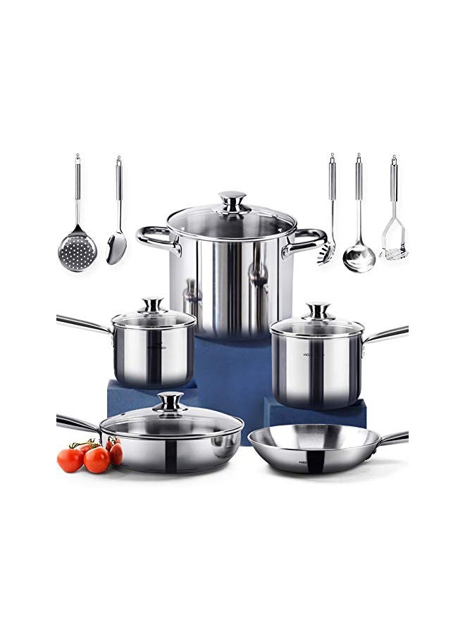 HOMICHEF 14-Piece Nickel Free Stainless Steel Cookware Set - Nickel Free Stainless Steel Pots And Set - Stainless Steel Non-Toxic Cookware Set - Stainless Steel Healthy Induction Cookware Sets  - Image 1