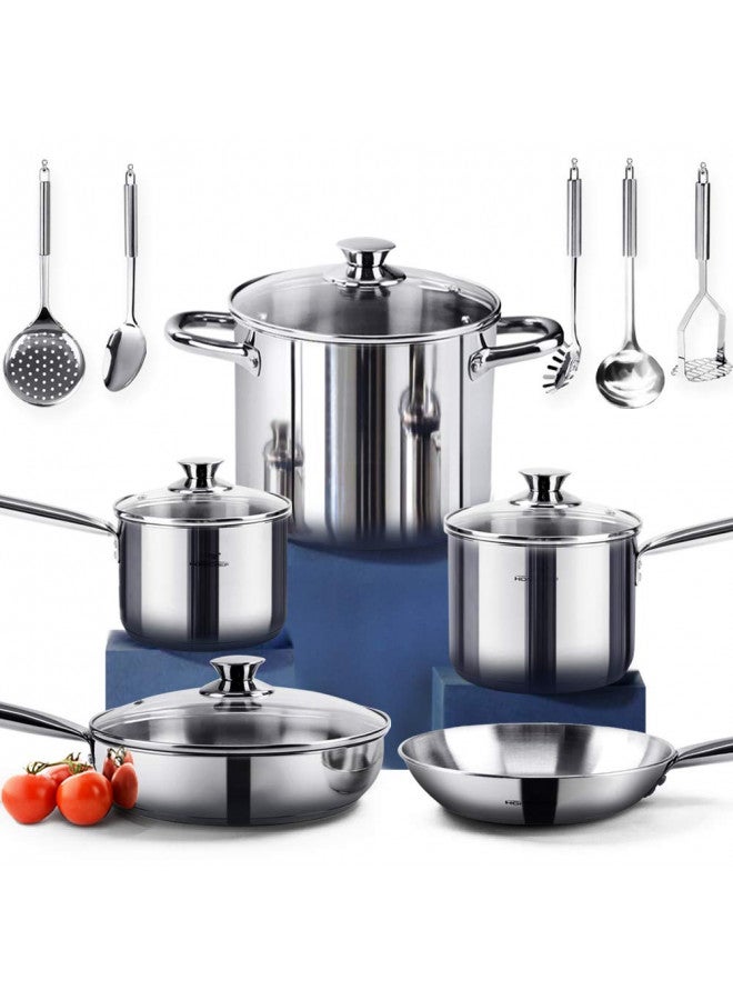 HOMICHEF 14-Piece Nickel Free Stainless Steel Cookware Set - Nickel Free Stainless Steel Pots And Set - Stainless Steel Non-Toxic Cookware Set - Stainless Steel Healthy Induction Cookware Sets  - Image 2