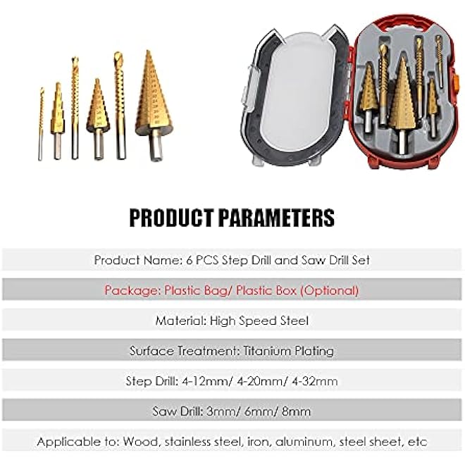 6 PCS Step Drill Bit and Saw Drill Set HSS Drill Bits for Sheet Aluminum Iron Metal Stainless Steel Wood Hole Drilling Expanding Multifunction Spiral Grooved Step Drill for Woodworking Industr - Image 4