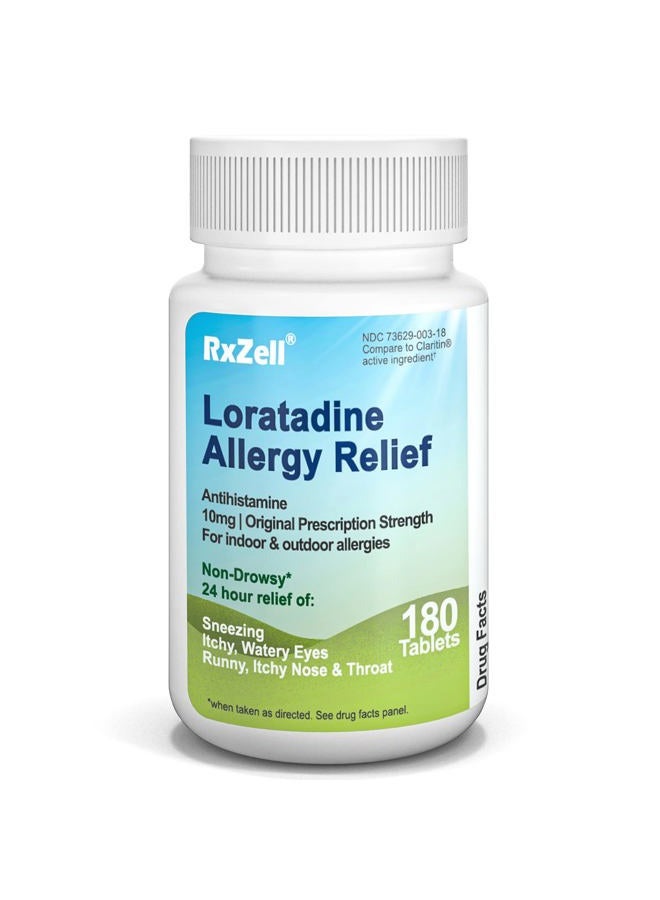 RXZELL Allergy Relief, Loratadine 10mg, 180 Tablets – 24 Hour Non-Drowsy Antihistamine Allergy Medicine - Image 1