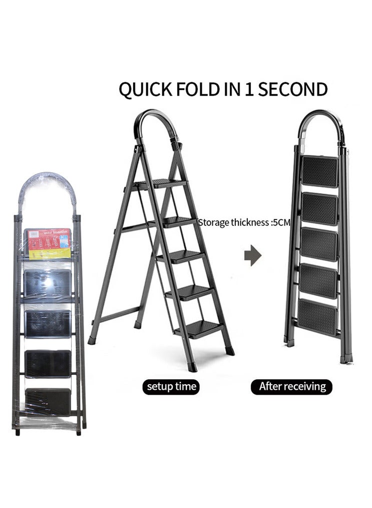 AL QADAH Foldable Metal Step Ladder 5 Step Gray 165x46cm Anti Slip Wide Pedals Safety Lock Tool Tray Utility Ladder for Home Kitchen Garage Office Use  - Image 5
