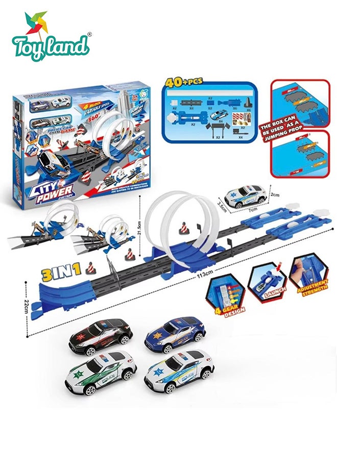 Toyland 3-in-1 Double Loop Racing Track Set, Adjustable Power Launcher with Metal Toy Cars ,40-Piece Stunt & Jumping Playset for Kids - Assorted Colors - Image 1