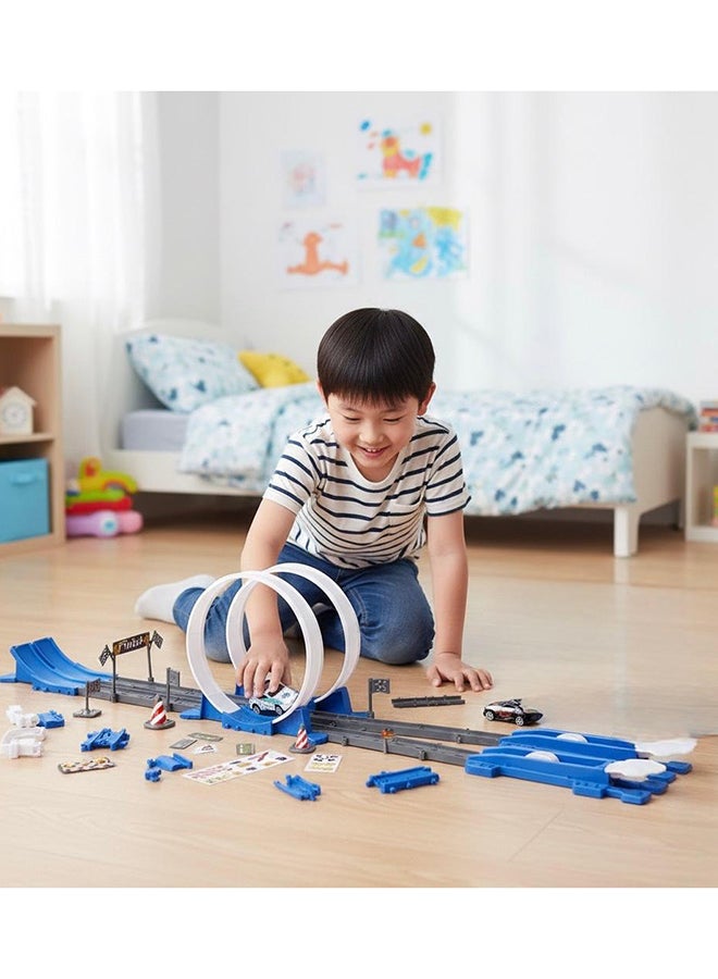 Toyland 3-in-1 Double Loop Racing Track Set, Adjustable Power Launcher with Metal Toy Cars ,40-Piece Stunt & Jumping Playset for Kids - Assorted Colors - Image 3