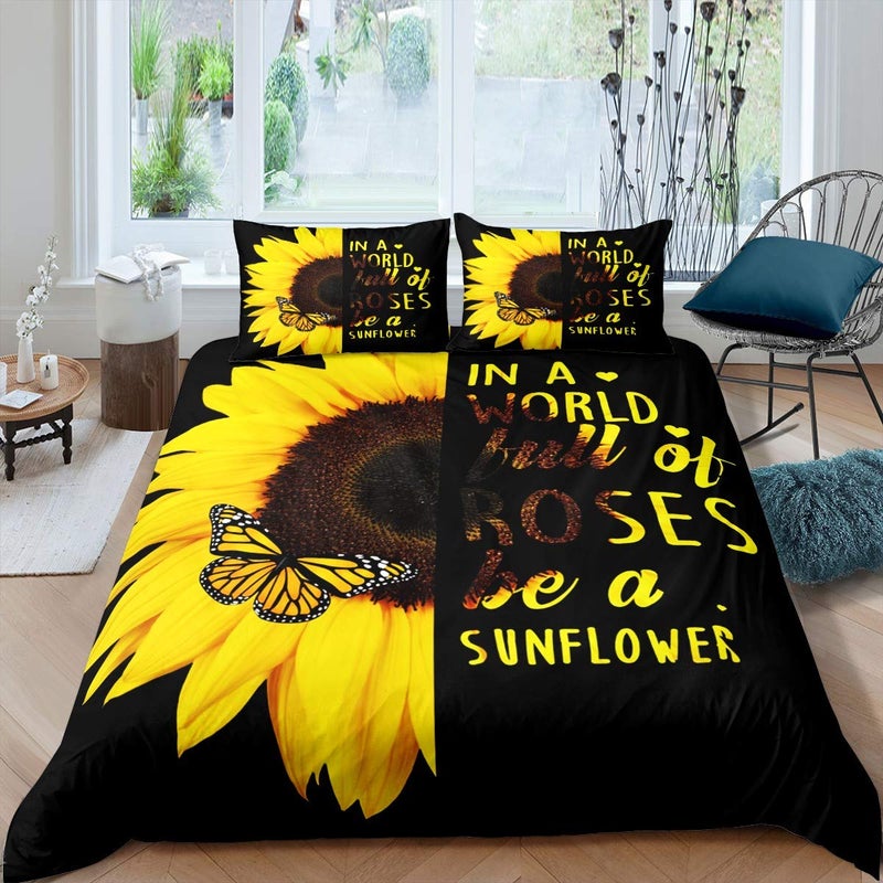 Erosebridal Erosebridal Sunflower Butterfly Comforter Cover for Girls Yellow Floral Bedding Set Queen Size Boho Chic Kid Duvet Cover Spring Romantic Garden Style Quilt Cover Room DecorativeBlack 