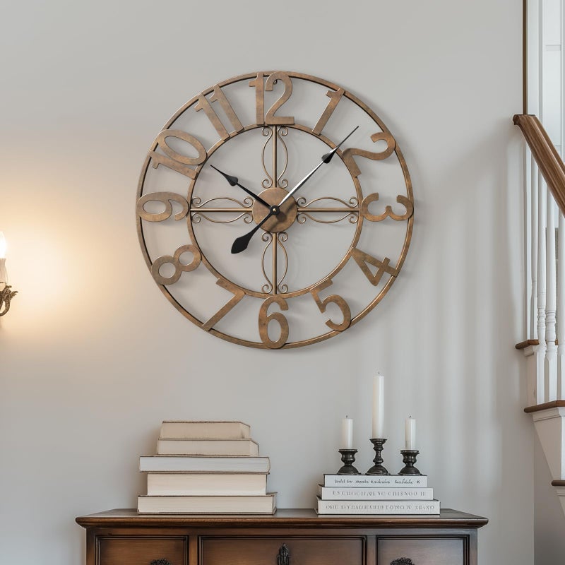 Cuspin 24 inch Wall Clock, Large Wall Clocks for Living Room, Decorative Metal Round Clock Battery-Operated Silent Non Ticking Retro Rustic Arabic Numerals Analog, Bronze - Image 1