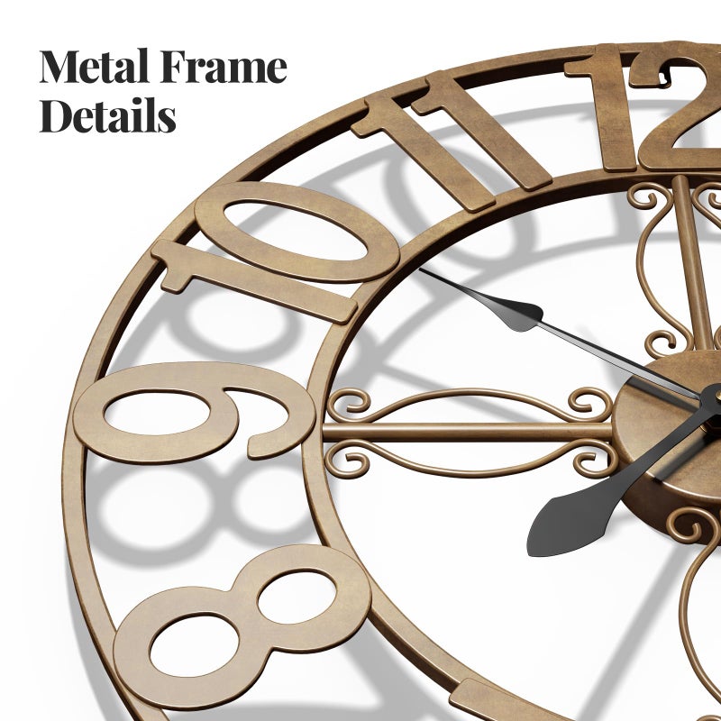 Cuspin 24 inch Wall Clock, Large Wall Clocks for Living Room, Decorative Metal Round Clock Battery-Operated Silent Non Ticking Retro Rustic Arabic Numerals Analog, Bronze - Image 5