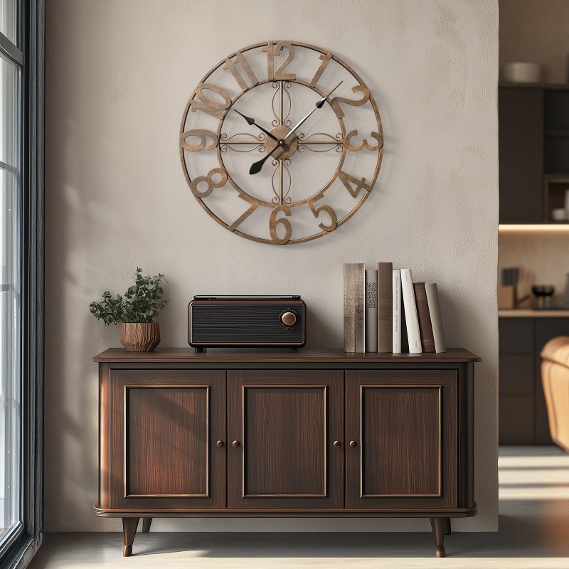 Cuspin 24 inch Wall Clock, Large Wall Clocks for Living Room, Decorative Metal Round Clock Battery-Operated Silent Non Ticking Retro Rustic Arabic Numerals Analog, Bronze - Image 2