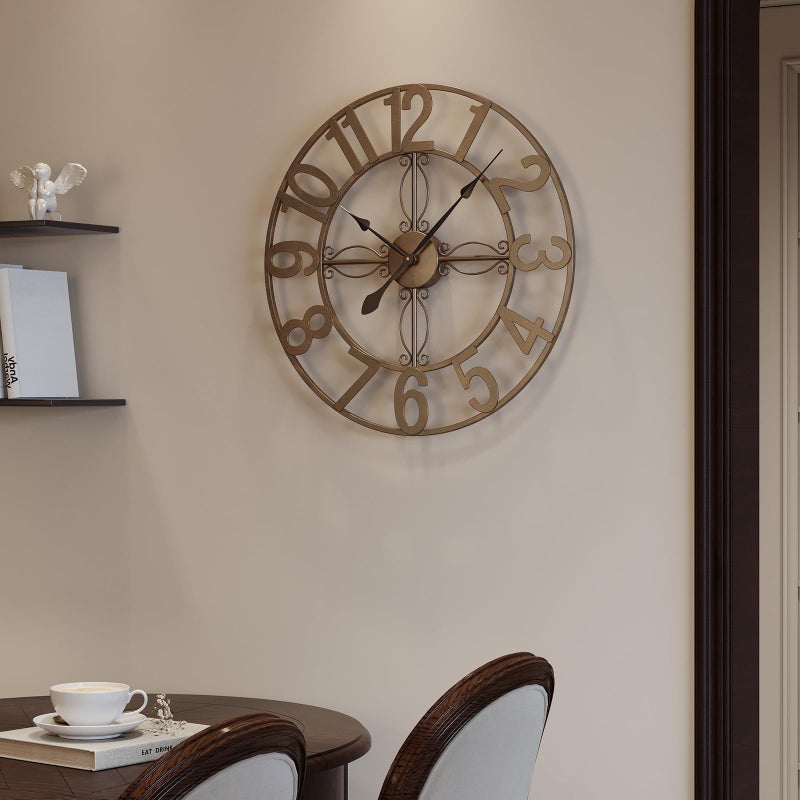 Cuspin 24 inch Wall Clock, Large Wall Clocks for Living Room, Decorative Metal Round Clock Battery-Operated Silent Non Ticking Retro Rustic Arabic Numerals Analog, Bronze - Image 3