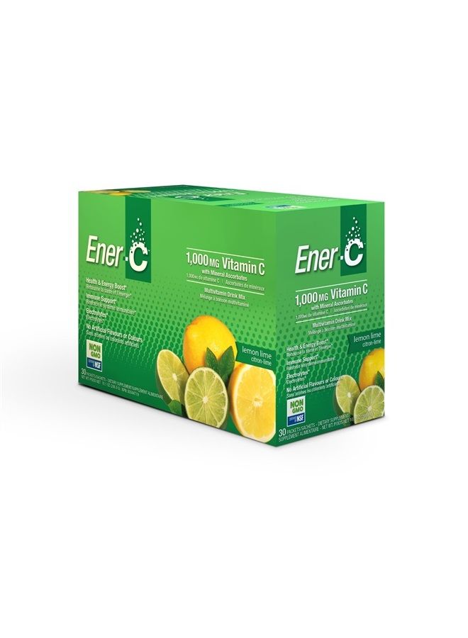 Ener-C مشروب متعدد الفيتامينات بنكهة الليمون والليمون الأخضر، 1000 ملغ فيتامين ج، غير معدّل وراثيًا، نباتي، مساحيق عصير فواكه حقيقية، دعم المناعة الطبيعي، إلكتروليتات، خالي من الغلوتين، عبوة واحدة تحتوي على 30 حزمة - Image 1