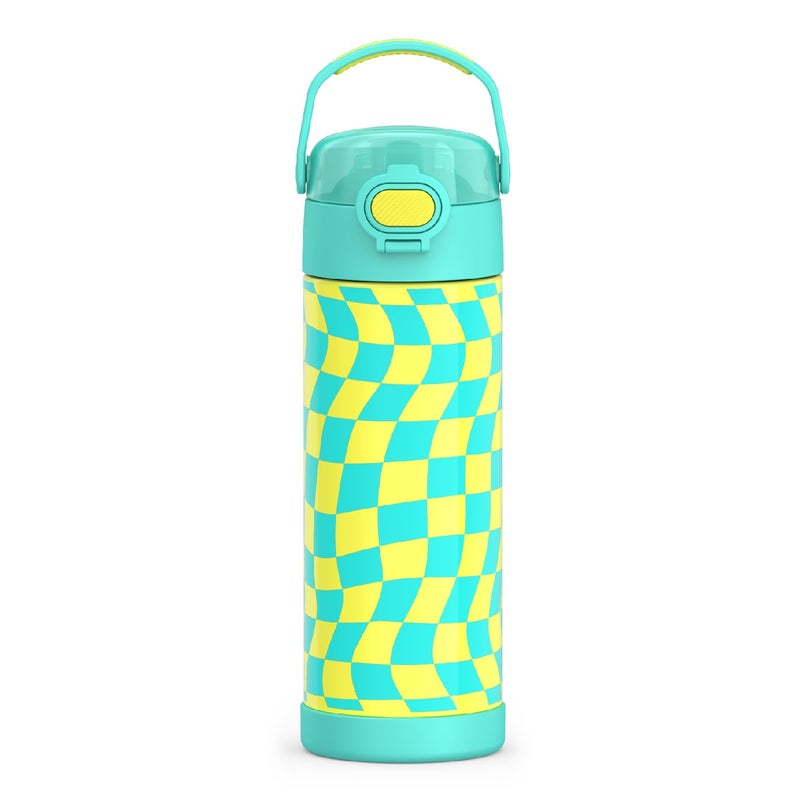 THERMOS FUNTAINER 16 Ounce Stainless Steel Vacuum Insulated Bottle with Wide Spout Lid Wavy Checkers Teal