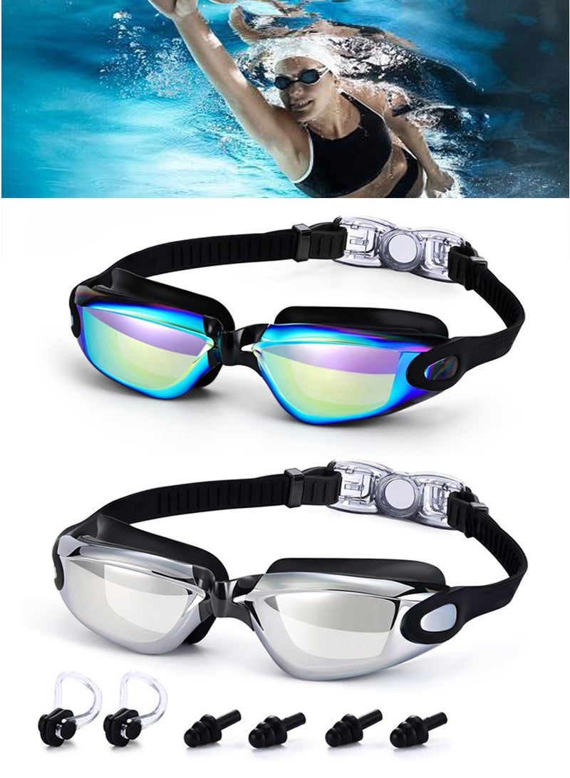 VUCATIN 2PCS Swimming Goggles for Adults, 180° Wide View No Leaking Anti-Fog Swimming Goggles for Adult Men Women Youth, UV Protection Pool Goggles with Nose Clip and Ear Plugs (Gold+Silver) - Image 1