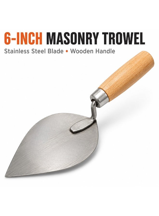 6-Inch Stainless Steel Brick Trowel with Wooden Handle, Heavy-Duty Masonry Plastering Tool for Cement, Mortar, Bricklaying, Rendering and Construction Work - Image 2