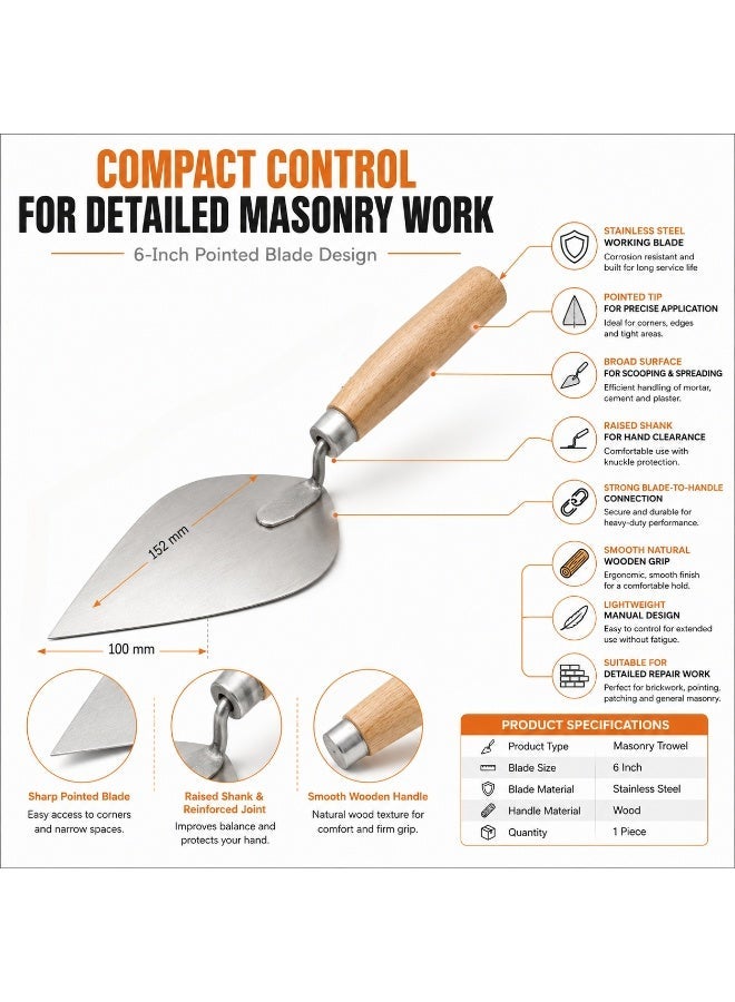 6-Inch Stainless Steel Brick Trowel with Wooden Handle, Heavy-Duty Masonry Plastering Tool for Cement, Mortar, Bricklaying, Rendering and Construction Work - Image 3
