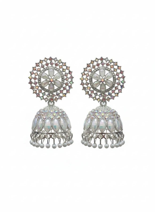 ROSARIO White Round Jhumka Earrings for Women and Girls - Image 1