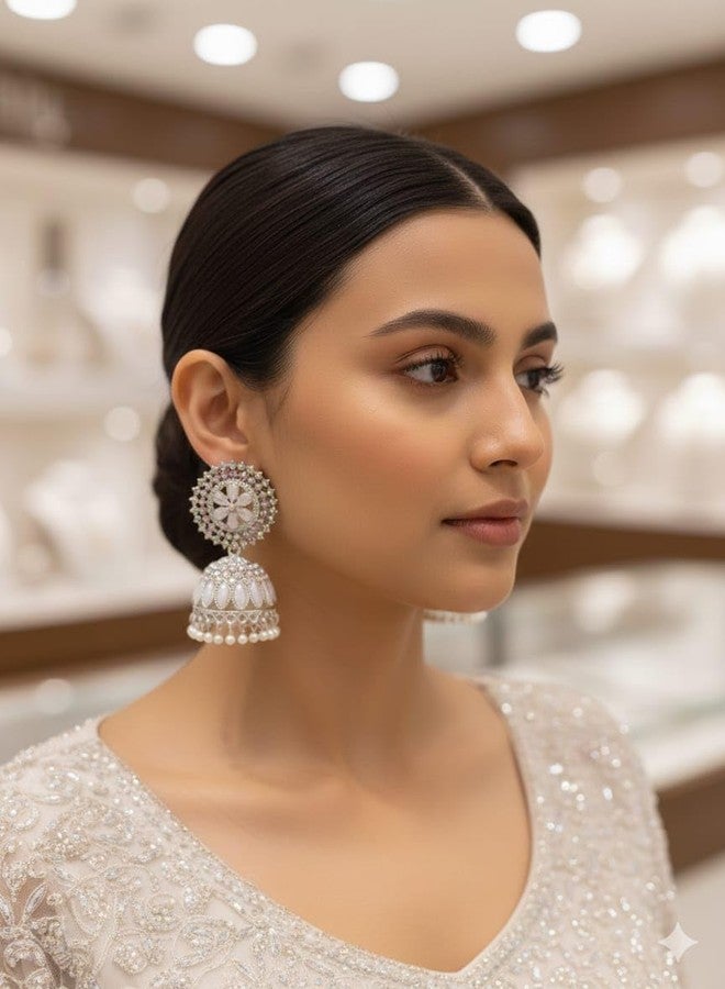 ROSARIO White Round Jhumka Earrings for Women and Girls - Image 4